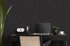 Modern interior design of home office space with stylish chair, desk, commode, black mock up poster frame, lapatop, book, office supply and elegant presonal accessories in home decor. Template.